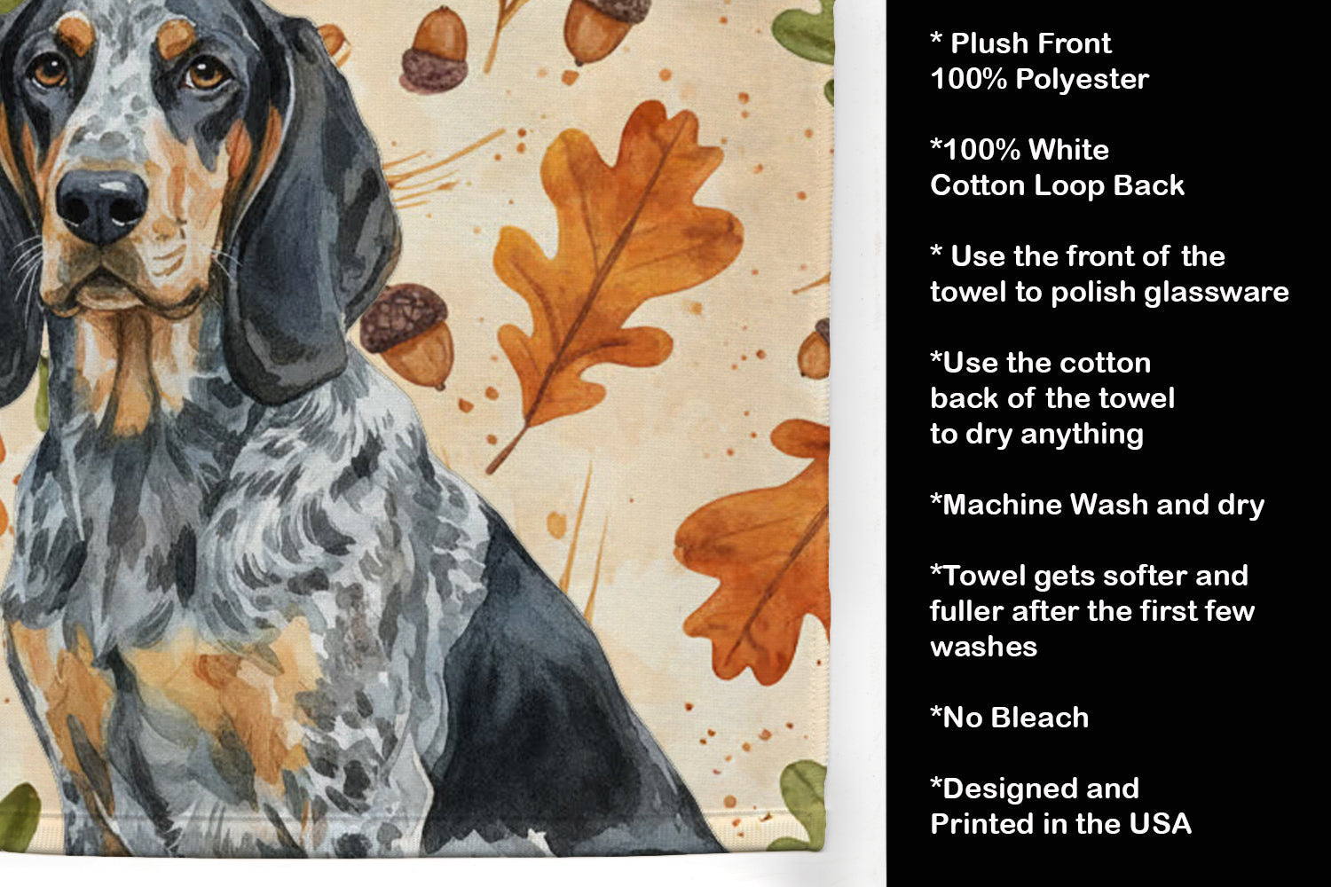 Bluetick Coonhound Heirloom Fall Kitchen Towel Velour Plush Front and Cotton Loop Back Machine Washable