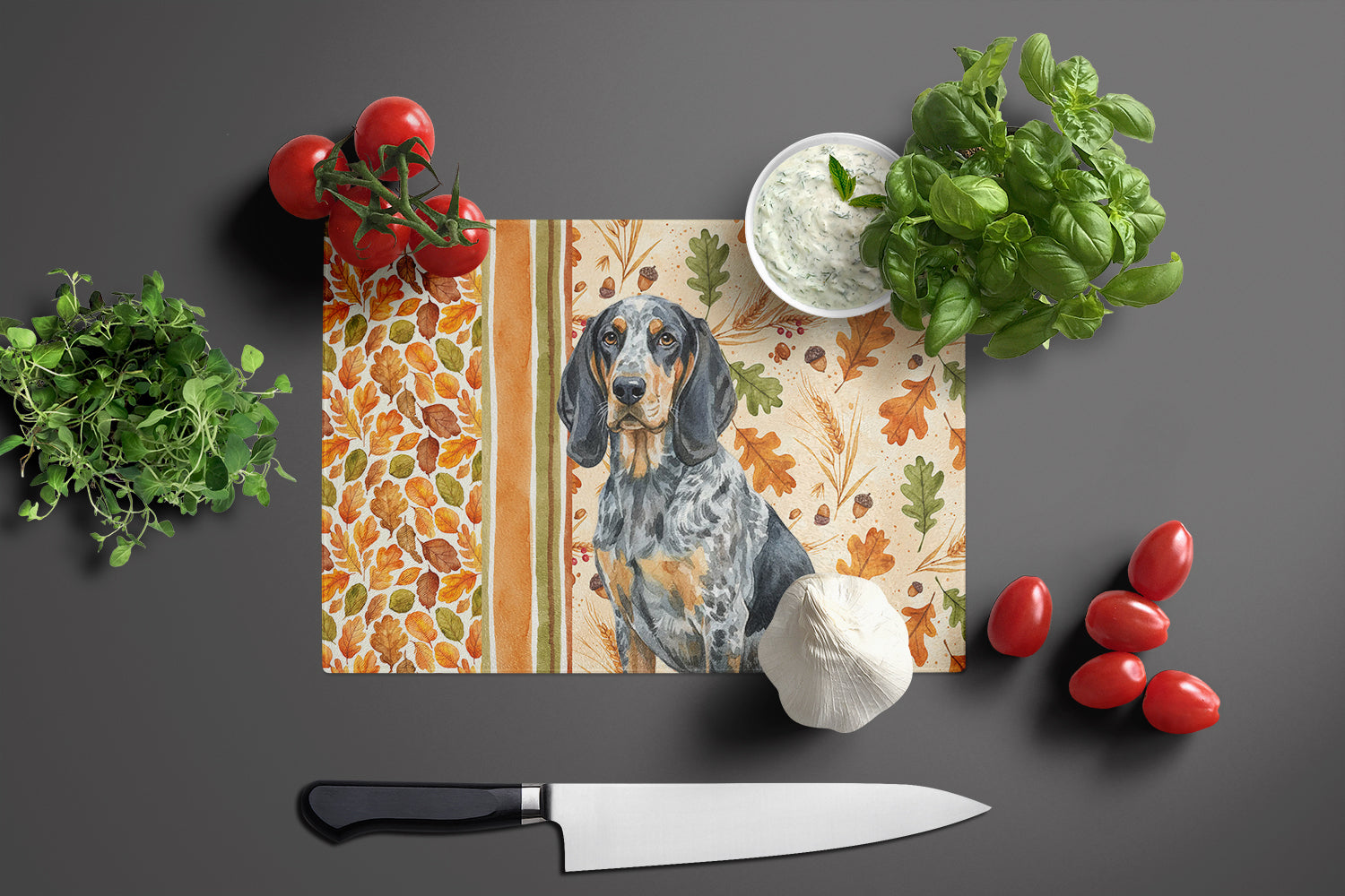 Bluetick Coonhound Heirloom Fall Cutting Board Tempered Glass Kitchen Cutting Surface, Heat Resistant Chopping, Non-Slip Feet, Food Prep & Serving