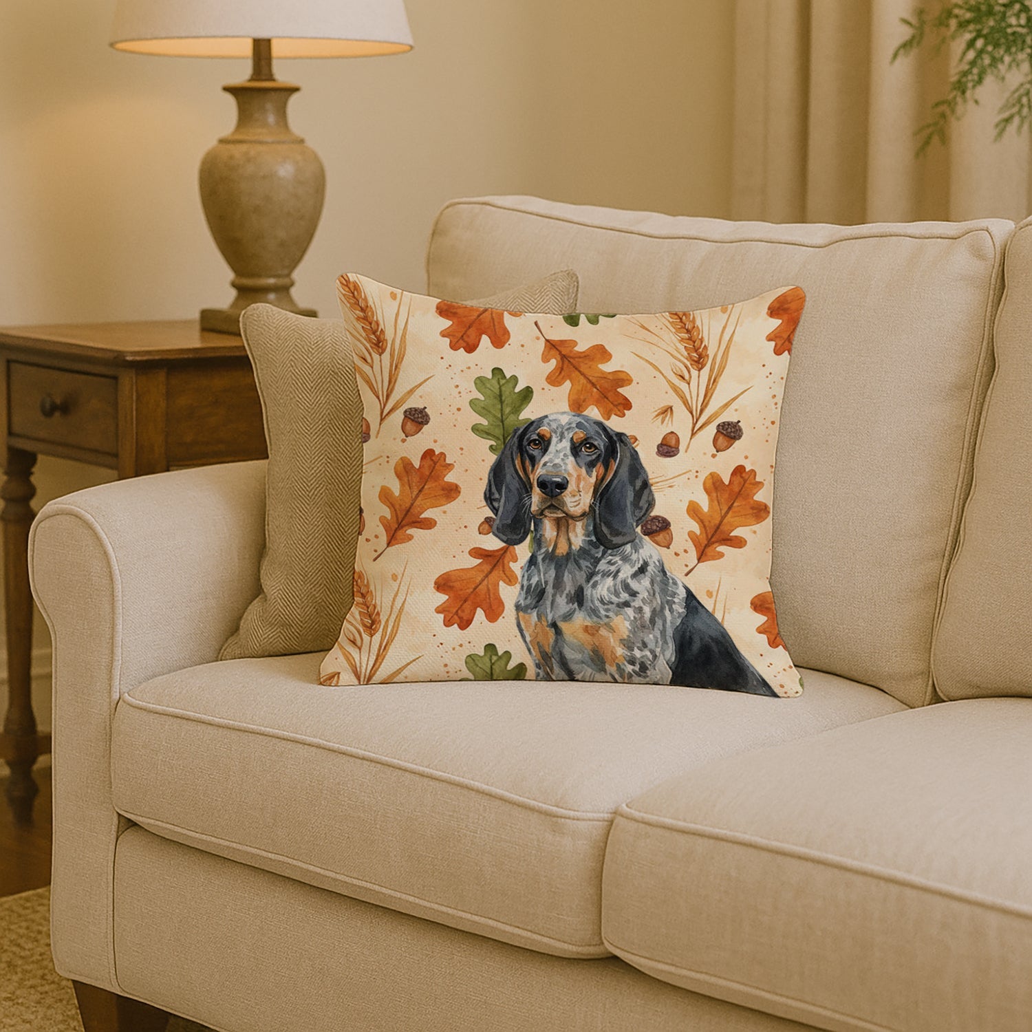 Bluetick Coonhound Heirloom Fall Decorative Throw Pillow 14x14 Indoor Outdoor Accent Cushion, Fabric Cover with Insert for Sofa, Bed, Porch & Living Room