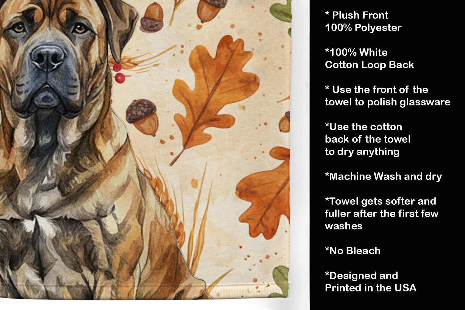 Brindle Boerboel Heirloom Fall Kitchen Towel Velour Plush Front and Cotton Loop Back Machine Washable