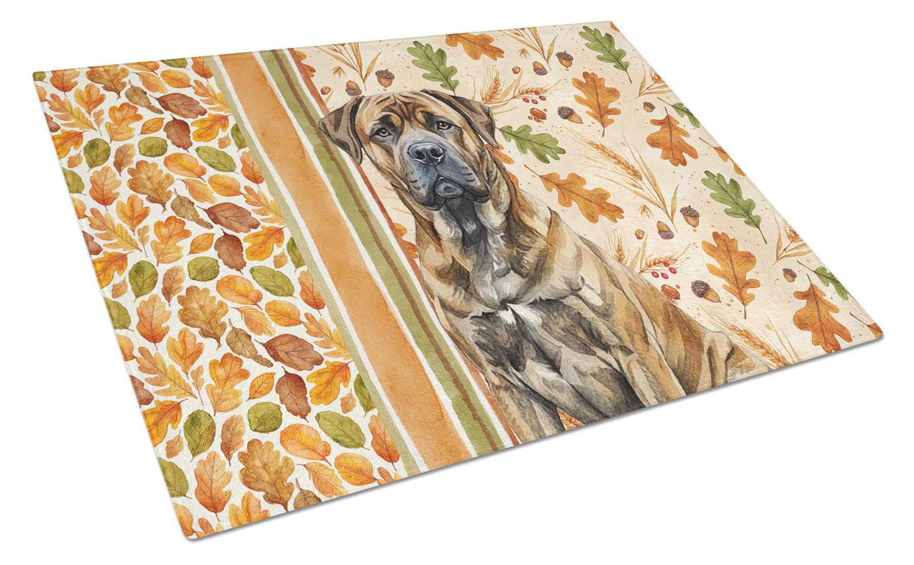 Brindle Boerboel Heirloom Fall Cutting Board Tempered Glass Kitchen Cutting Surface, Heat Resistant Chopping, Non-Slip Feet, Food Prep & Serving