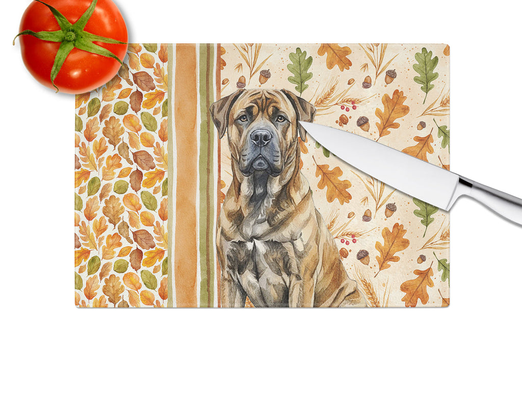 Brindle Boerboel Heirloom Fall Cutting Board Tempered Glass Kitchen Cutting Surface, Heat Resistant Chopping, Non-Slip Feet, Food Prep & Serving