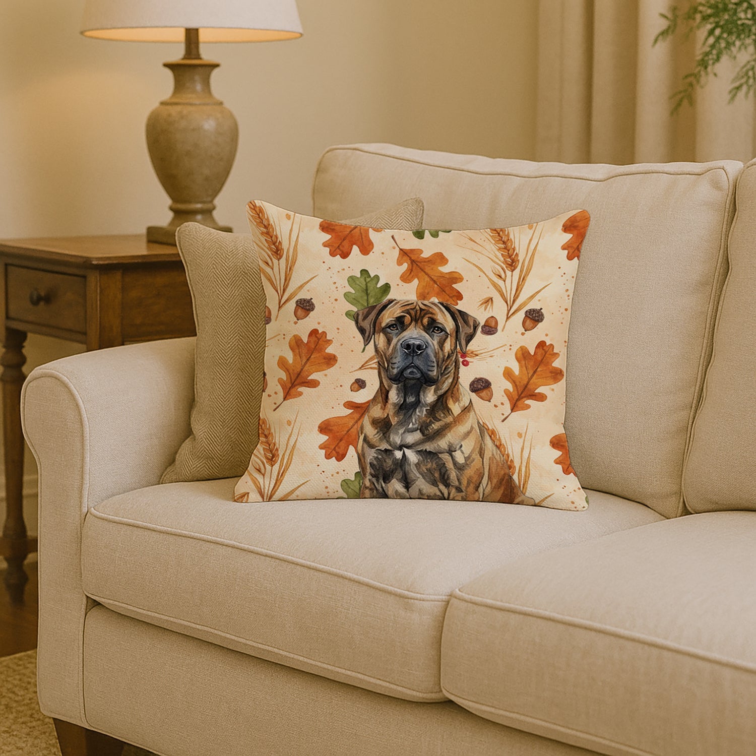 Brindle Boerboel Heirloom Fall Decorative Throw Pillow 14x14 Indoor Outdoor Accent Cushion, Fabric Cover with Insert for Sofa, Bed, Porch & Living Room