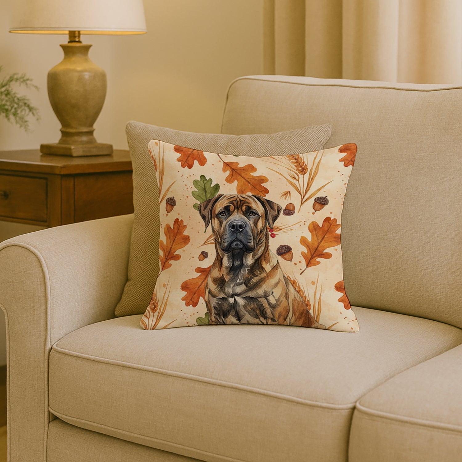 Brindle Boerboel Heirloom Fall Decorative Throw Pillow 18x18 Indoor Outdoor Accent Cushion, Fabric Cover with Insert for Sofa, Bed, Porch & Living Room
