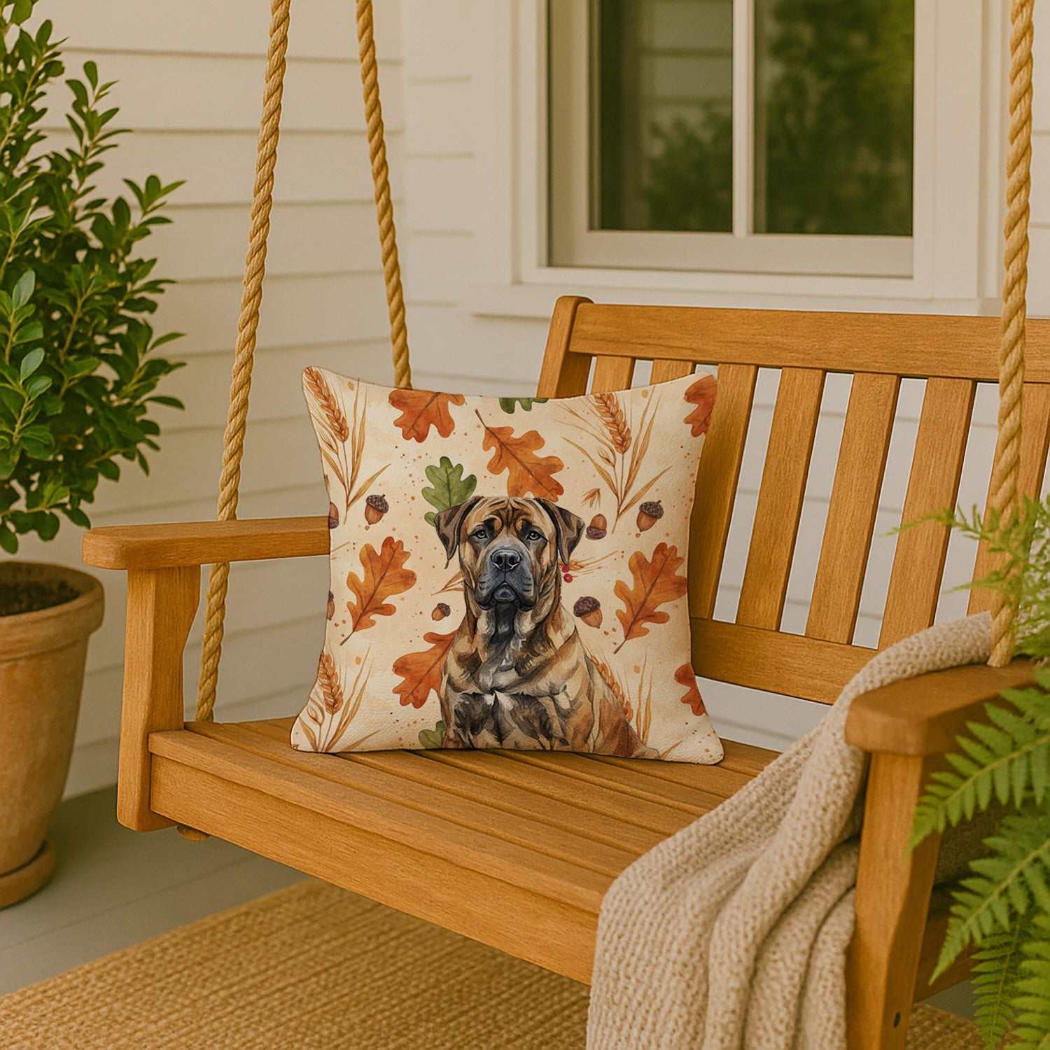 Brindle Boerboel Heirloom Fall Decorative Throw Pillow 18x18 Indoor Outdoor Accent Cushion, Fabric Cover with Insert for Sofa, Bed, Porch & Living Room