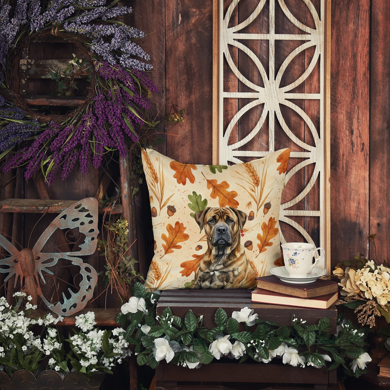 Brindle Boerboel Heirloom Fall Decorative Throw Pillow 18x18 Indoor Outdoor Accent Cushion, Fabric Cover with Insert for Sofa, Bed, Porch & Living Room