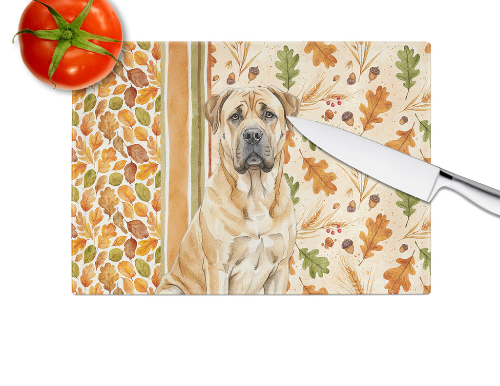 Fawn Boerboel Heirloom Fall Cutting Board Tempered Glass Kitchen Cutting Surface, Heat Resistant Chopping, Non-Slip Feet, Food Prep & Serving