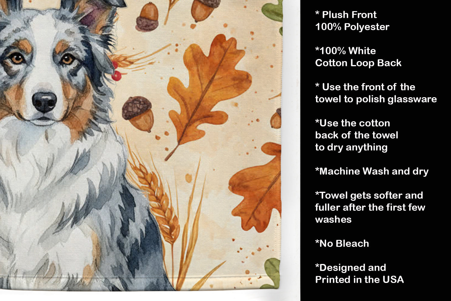Border Collie Heirloom Fall Kitchen Towel Velour Plush Front and Cotton Loop Back Machine Washable