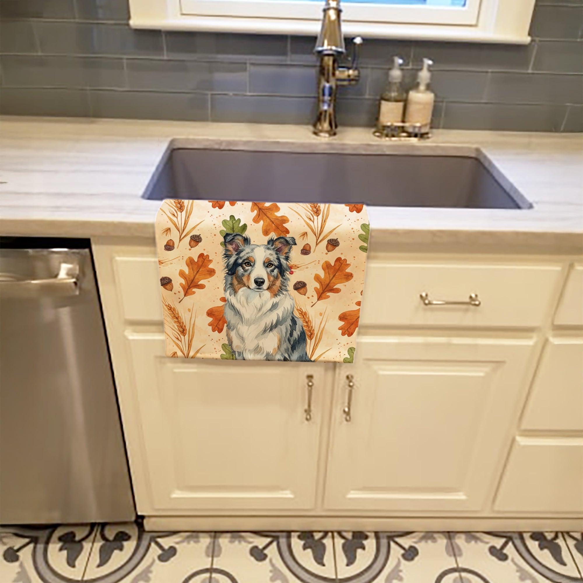 Border Collie Heirloom Fall Kitchen Towel Velour Plush Front and Cotton Loop Back Machine Washable