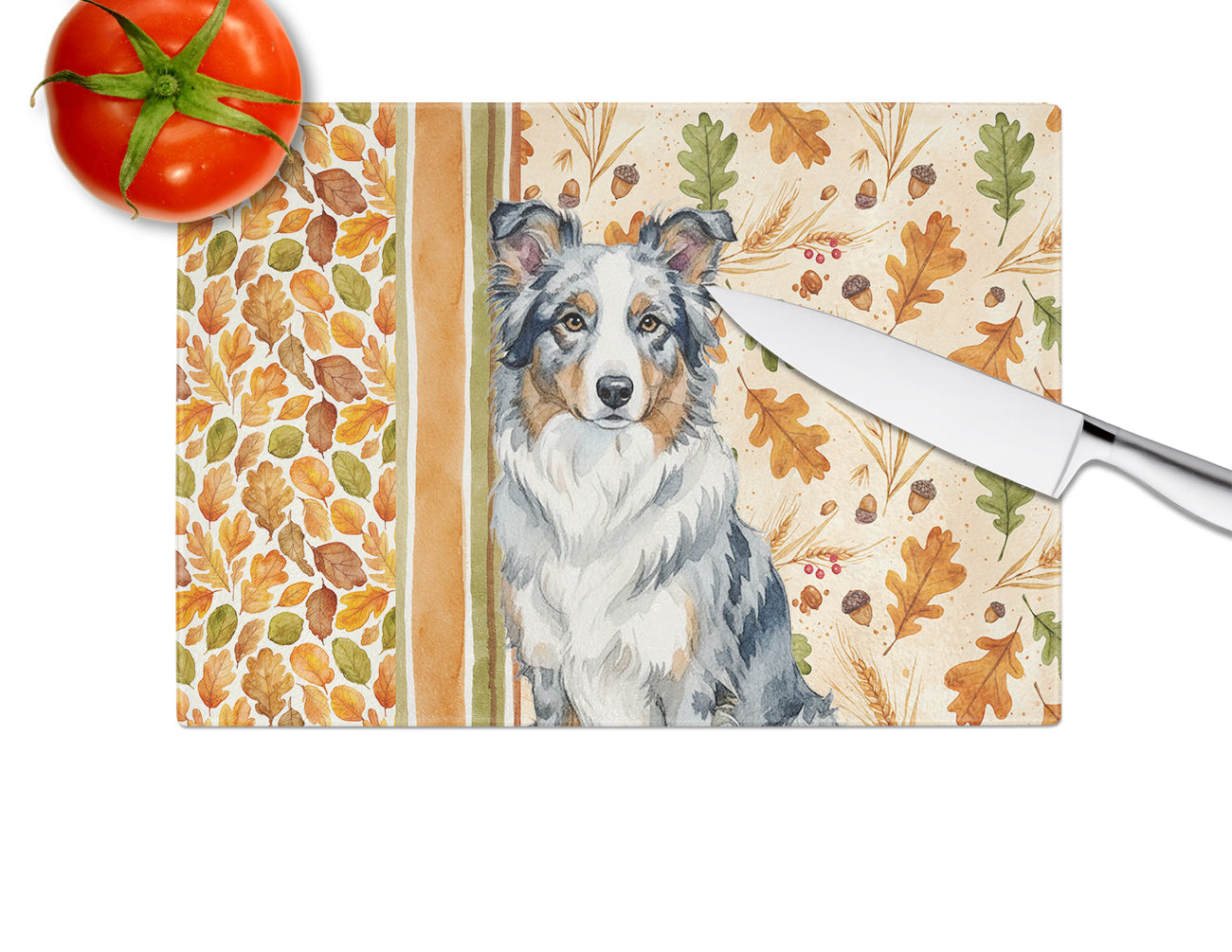 Border Collie Heirloom Fall Cutting Board Tempered Glass Kitchen Cutting Surface, Heat Resistant Chopping, Non-Slip Feet, Food Prep & Serving