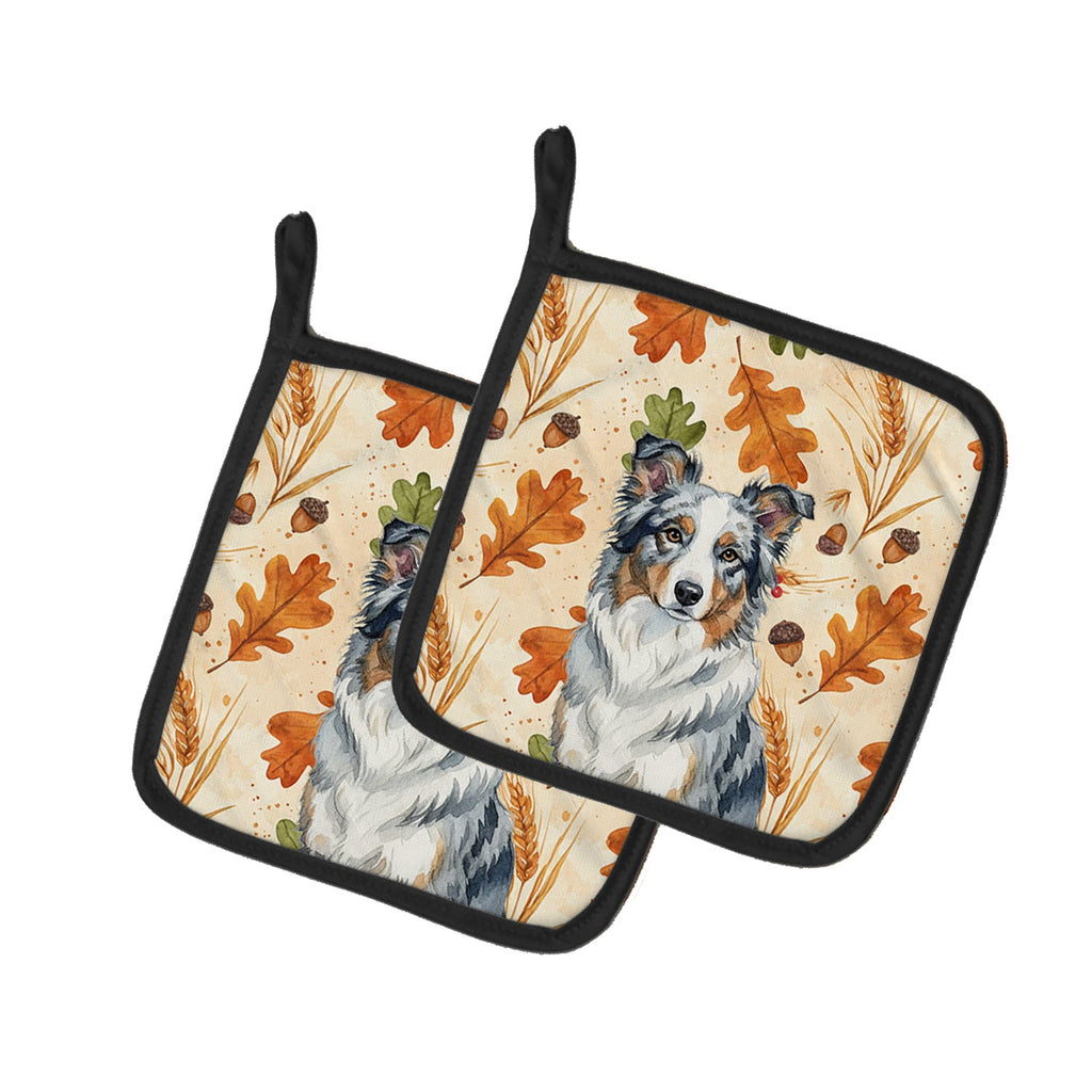 Border Collie Heirloom Fall Pot Holder Set of 2 Heat Resistant Quilted Hot Pads 7.5 x 7.5 Inch, Insulated Kitchen Trivets for Cooking & Baking