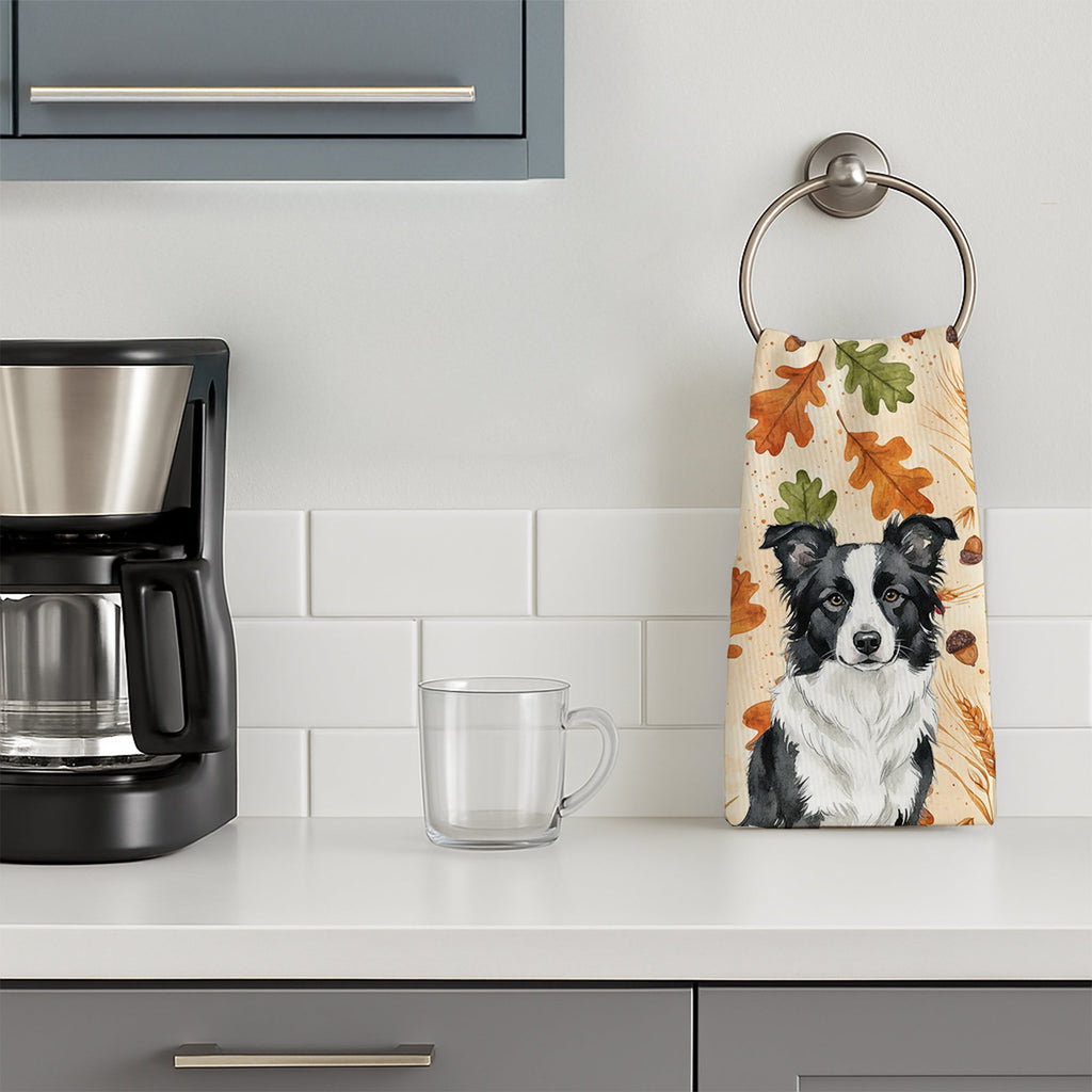 Blue Merle Border Collie Heirloom Fall Kitchen Towel Velour Plush Front and Cotton Loop Back Machine Washable