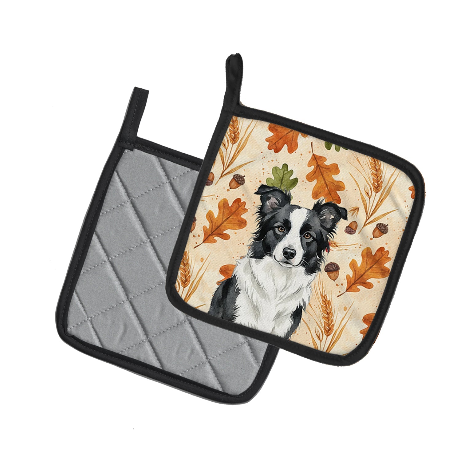 Blue Merle Border Collie Heirloom Fall Pot Holder Set of 2 Heat Resistant Quilted Hot Pads 7.5 x 7.5 Inch, Insulated Kitchen Trivets for Cooking & Baking