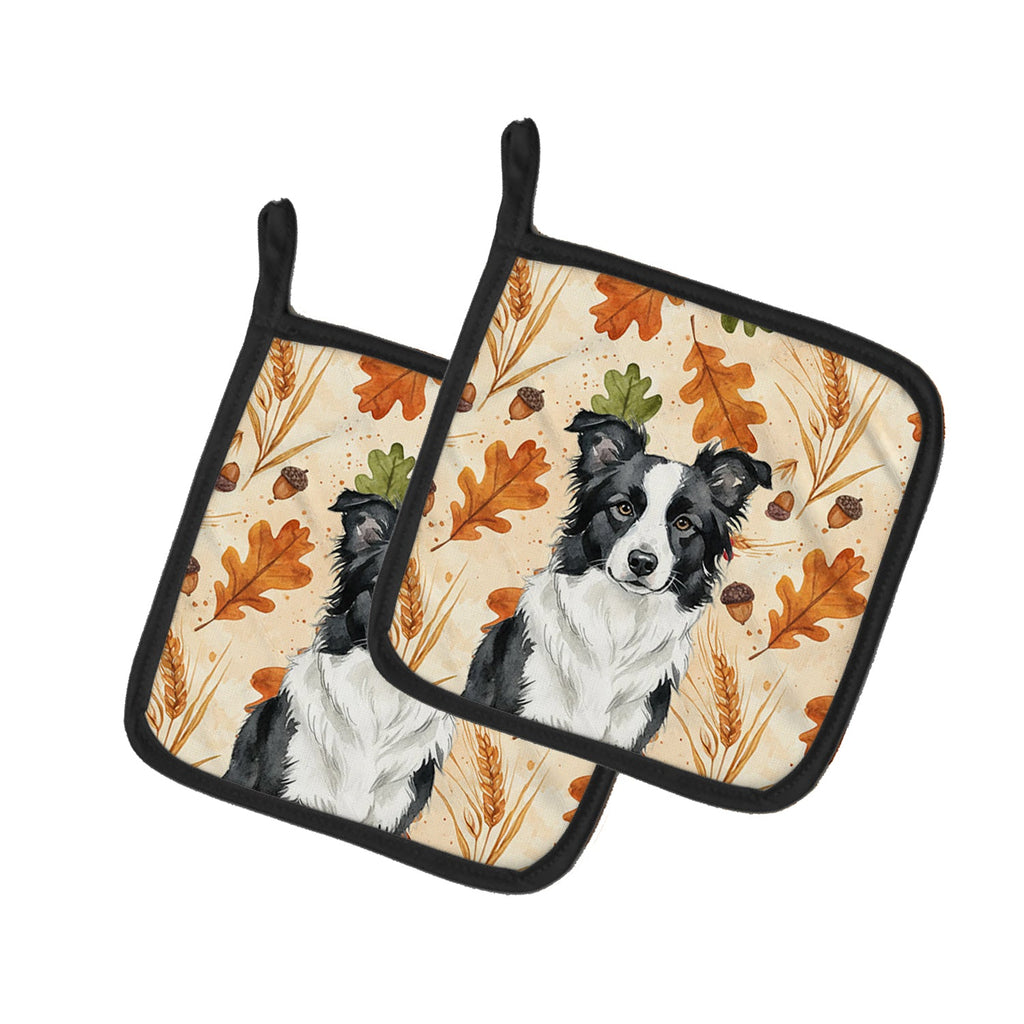 Blue Merle Border Collie Heirloom Fall Pot Holder Set of 2 Heat Resistant Quilted Hot Pads 7.5 x 7.5 Inch, Insulated Kitchen Trivets for Cooking & Baking