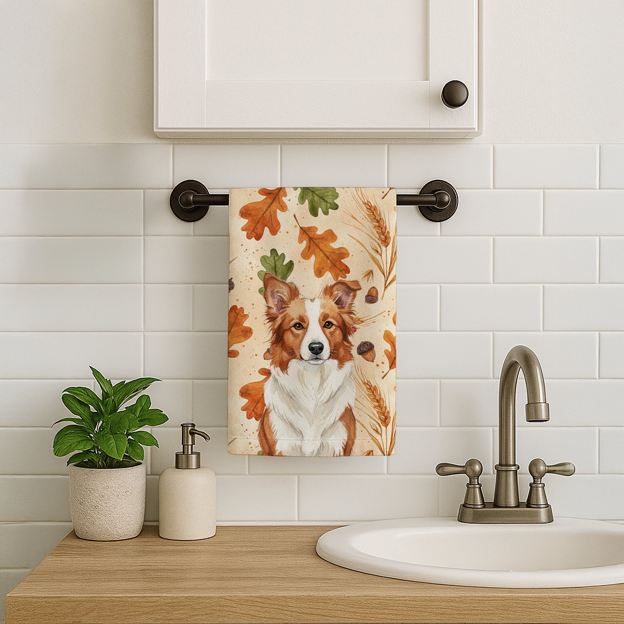 Red and White Border Collie Heirloom Fall Kitchen Towel Velour Plush Front and Cotton Loop Back Machine Washable