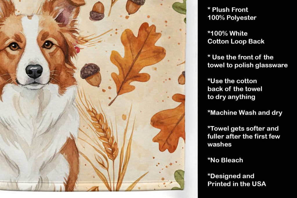 Red and White Border Collie Heirloom Fall Kitchen Towel Velour Plush Front and Cotton Loop Back Machine Washable