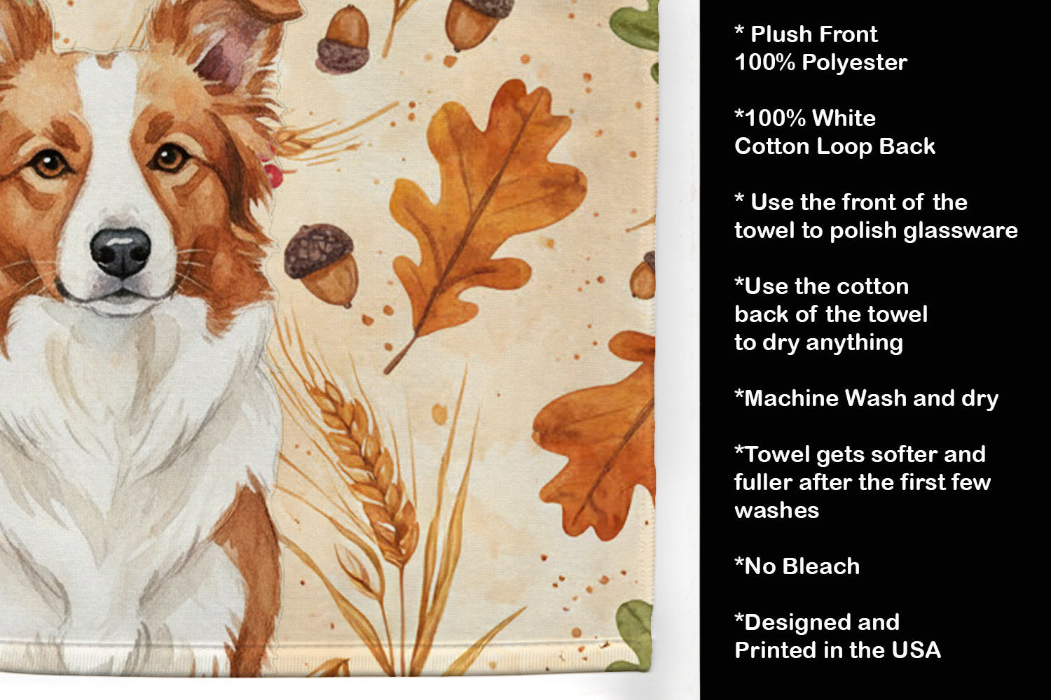Red and White Border Collie Heirloom Fall Kitchen Towel Velour Plush Front and Cotton Loop Back Machine Washable