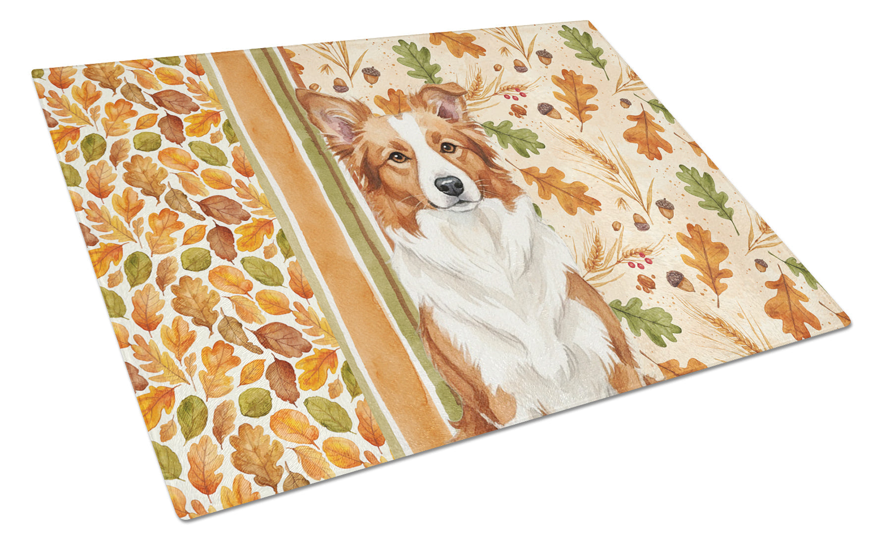Red and White Border Collie Heirloom Fall Cutting Board Tempered Glass Kitchen Cutting Surface, Heat Resistant Chopping, Non-Slip Feet, Food Prep & Serving