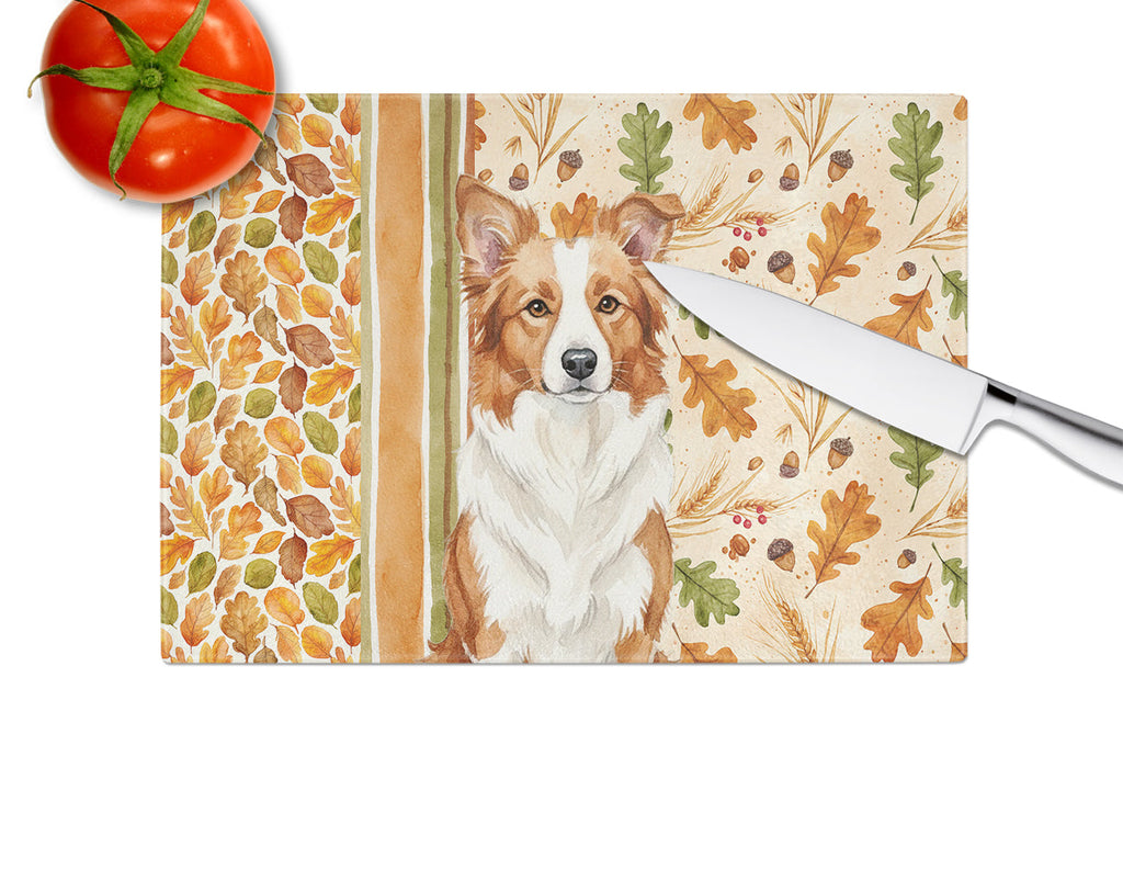 Red and White Border Collie Heirloom Fall Cutting Board Tempered Glass Kitchen Cutting Surface, Heat Resistant Chopping, Non-Slip Feet, Food Prep & Serving