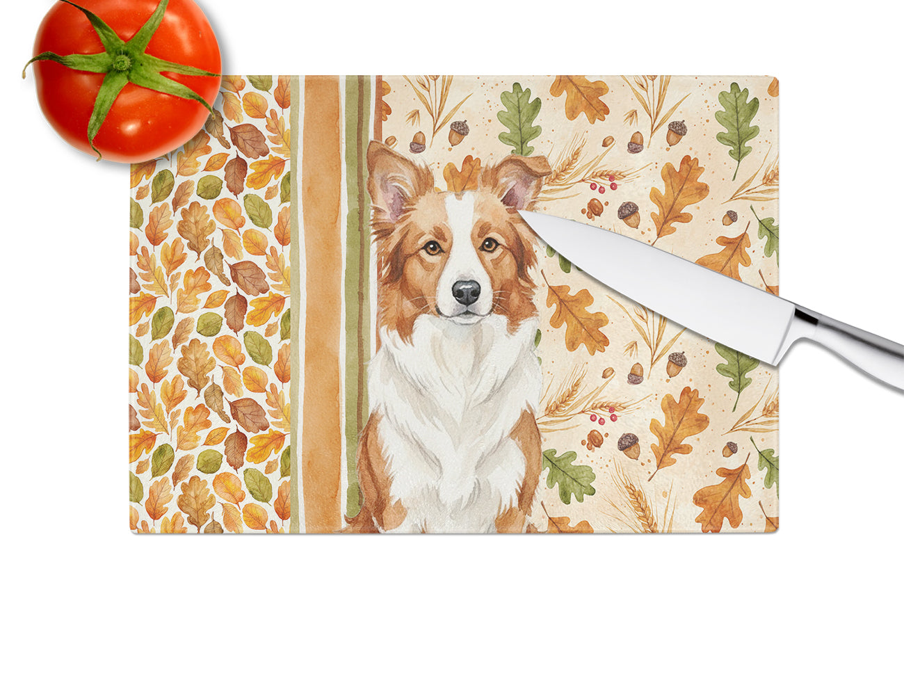 Red and White Border Collie Heirloom Fall Cutting Board Tempered Glass Kitchen Cutting Surface, Heat Resistant Chopping, Non-Slip Feet, Food Prep & Serving