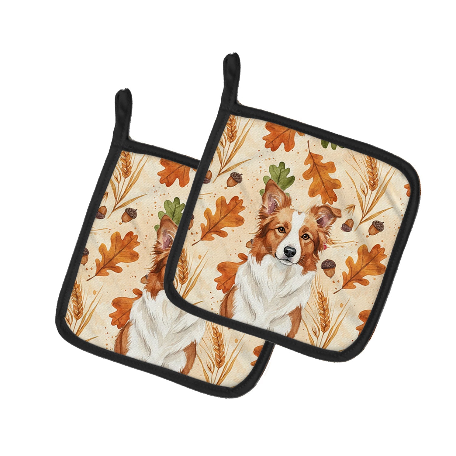Red and White Border Collie Heirloom Fall Pot Holder Set of 2 Heat Resistant Quilted Hot Pads 7.5 x 7.5 Inch, Insulated Kitchen Trivets for Cooking & Baking