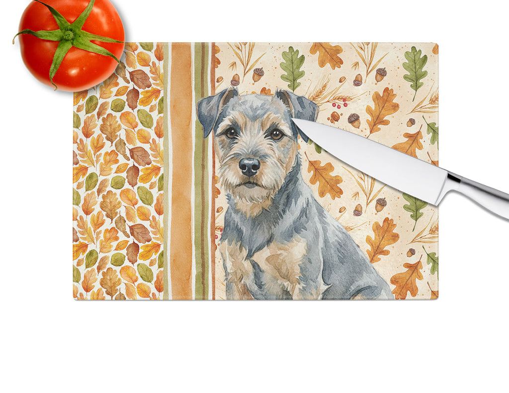 Blue and Tan Border Terrier Heirloom Fall Cutting Board Tempered Glass Kitchen Cutting Surface, Heat Resistant Chopping, Non-Slip Feet, Food Prep & Serving