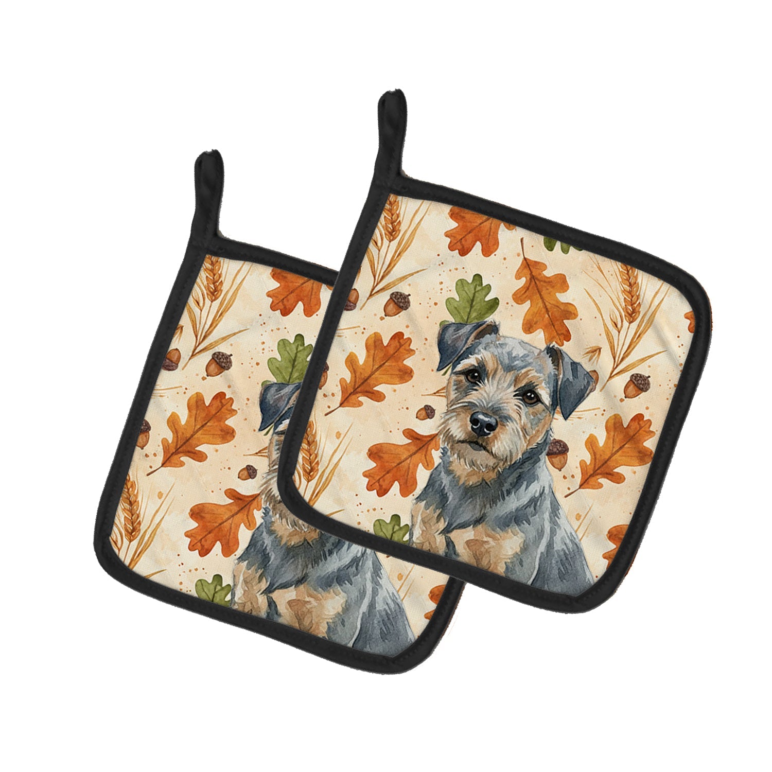 Blue and Tan Border Terrier Heirloom Fall Pot Holder Set of 2 Heat Resistant Quilted Hot Pads 7.5 x 7.5 Inch, Insulated Kitchen Trivets for Cooking & Baking