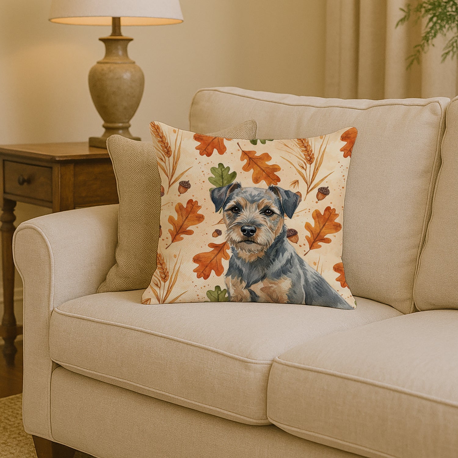 Blue and Tan Border Terrier Heirloom Fall Decorative Throw Pillow 14x14 Indoor Outdoor Accent Cushion, Fabric Cover with Insert for Sofa, Bed, Porch & Living Room
