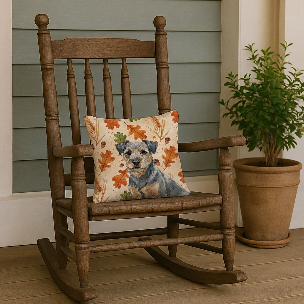 Blue and Tan Border Terrier Heirloom Fall Decorative Throw Pillow 14x14 Indoor Outdoor Accent Cushion, Fabric Cover with Insert for Sofa, Bed, Porch & Living Room