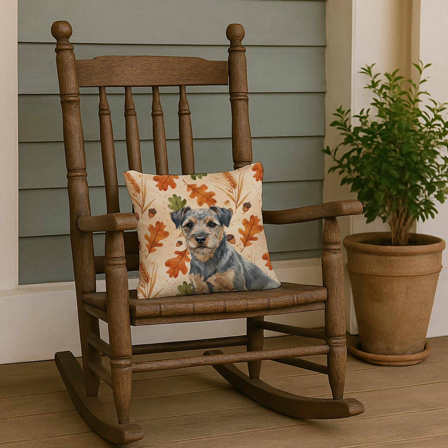 Blue and Tan Border Terrier Heirloom Fall Decorative Throw Pillow 14x14 Indoor Outdoor Accent Cushion, Fabric Cover with Insert for Sofa, Bed, Porch & Living Room