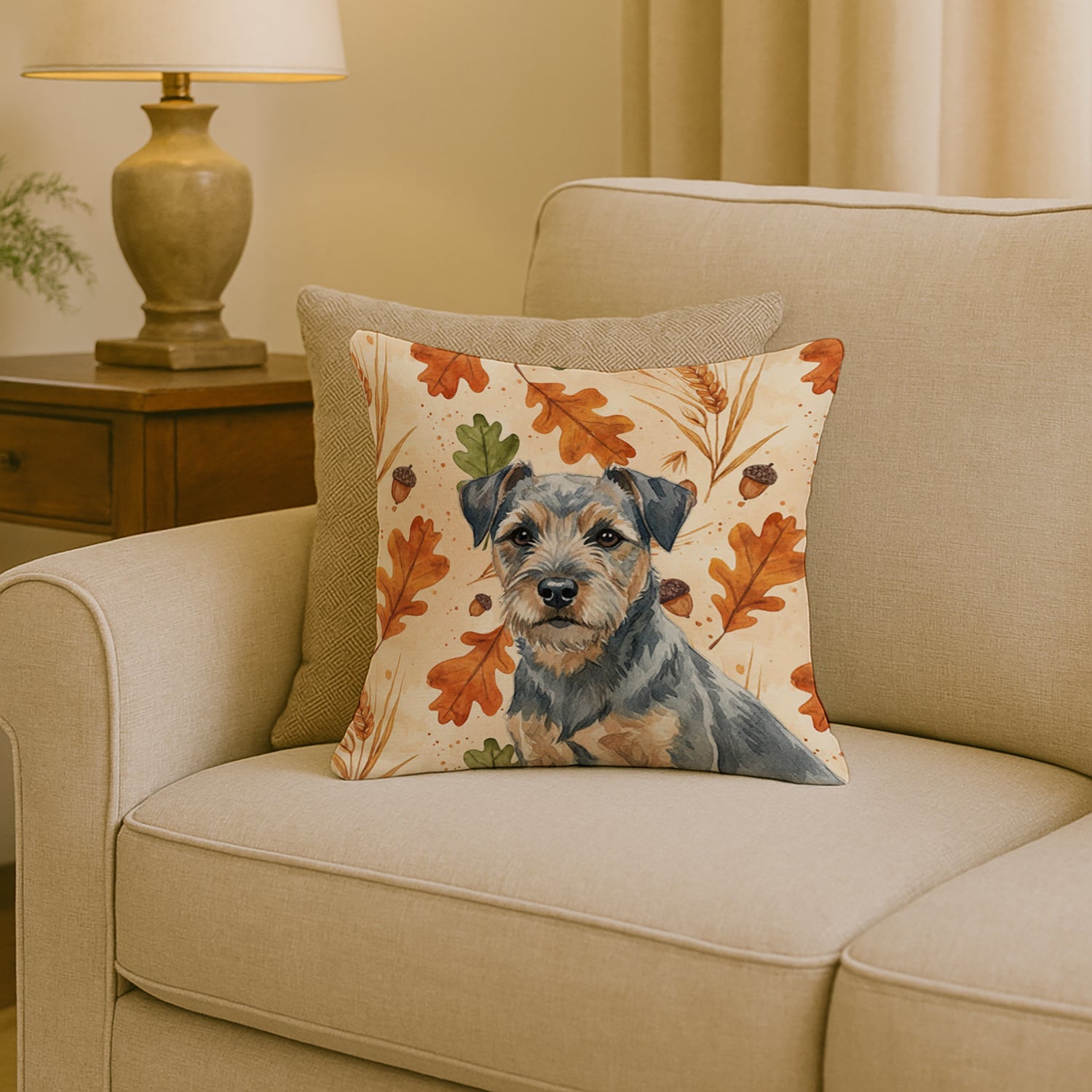 Blue and Tan Border Terrier Heirloom Fall Decorative Throw Pillow 18x18 Indoor Outdoor Accent Cushion, Fabric Cover with Insert for Sofa, Bed, Porch & Living Room