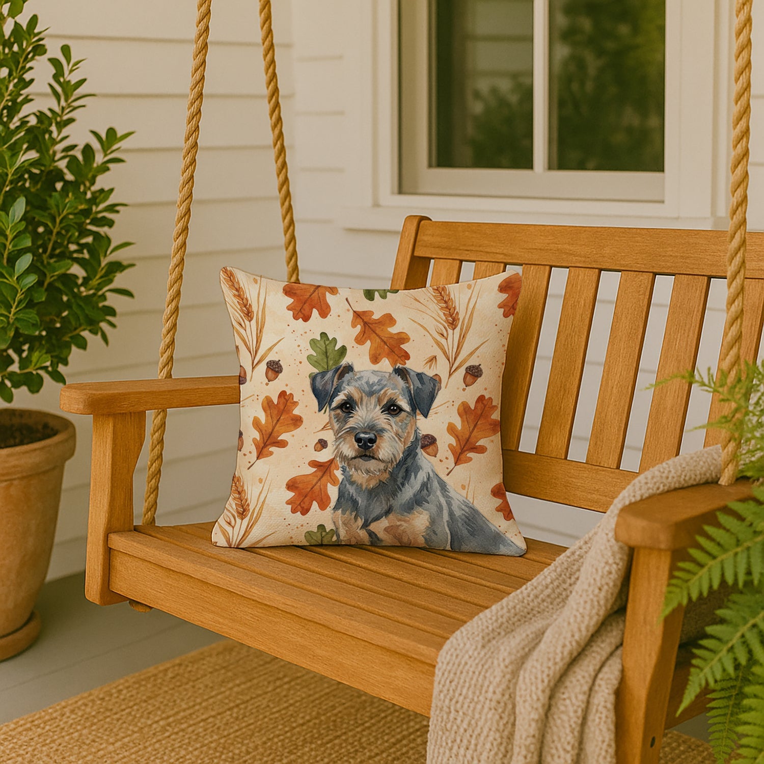 Blue and Tan Border Terrier Heirloom Fall Decorative Throw Pillow 18x18 Indoor Outdoor Accent Cushion, Fabric Cover with Insert for Sofa, Bed, Porch & Living Room