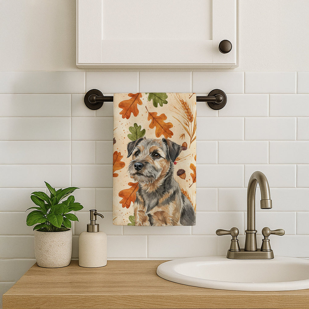 Grizzle and Tan Border Terrier Heirloom Fall Kitchen Towel Velour Plush Front and Cotton Loop Back Machine Washable