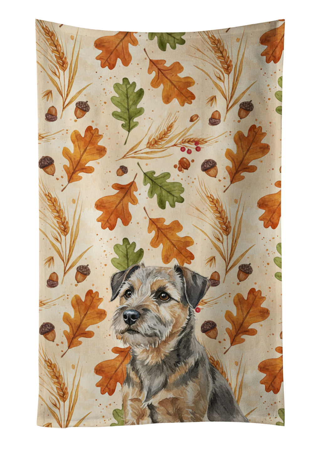 Grizzle and Tan Border Terrier Heirloom Fall Kitchen Towel Velour Plush Front and Cotton Loop Back Machine Washable