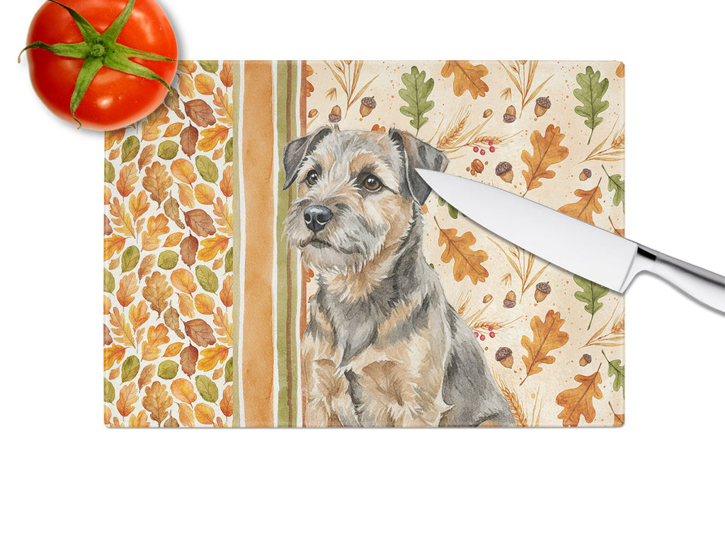 Grizzle and Tan Border Terrier Heirloom Fall Cutting Board Tempered Glass Kitchen Cutting Surface, Heat Resistant Chopping, Non-Slip Feet, Food Prep & Serving