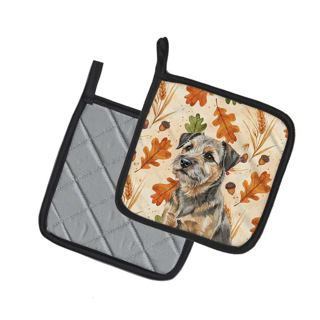 Grizzle and Tan Border Terrier Heirloom Fall Pot Holder Set of 2 Heat Resistant Quilted Hot Pads 7.5 x 7.5 Inch, Insulated Kitchen Trivets for Cooking & Baking
