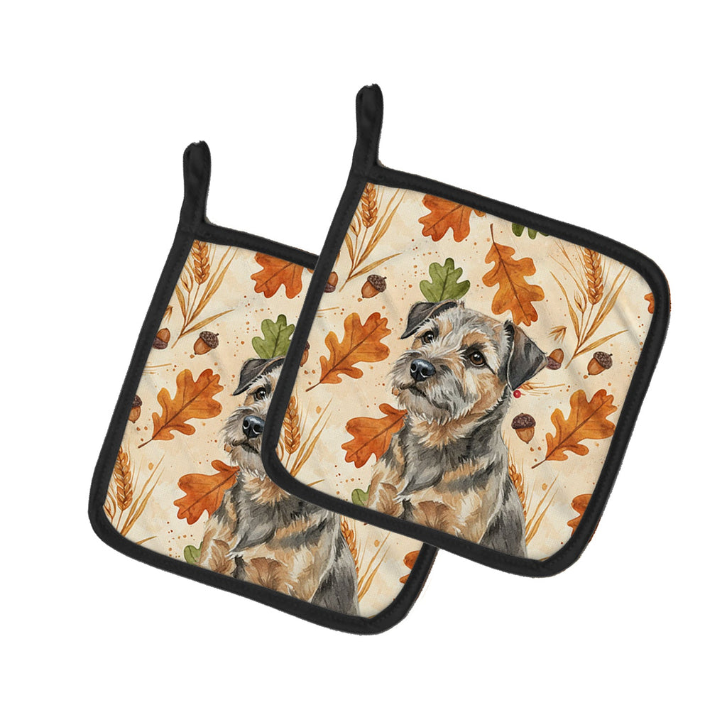 Grizzle and Tan Border Terrier Heirloom Fall Pot Holder Set of 2 Heat Resistant Quilted Hot Pads 7.5 x 7.5 Inch, Insulated Kitchen Trivets for Cooking & Baking