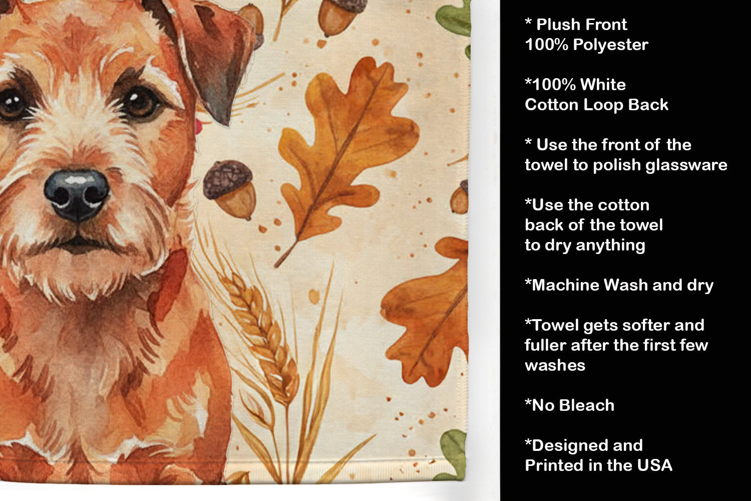 Red Border Terrier Heirloom Fall Kitchen Towel Velour Plush Front and Cotton Loop Back Machine Washable