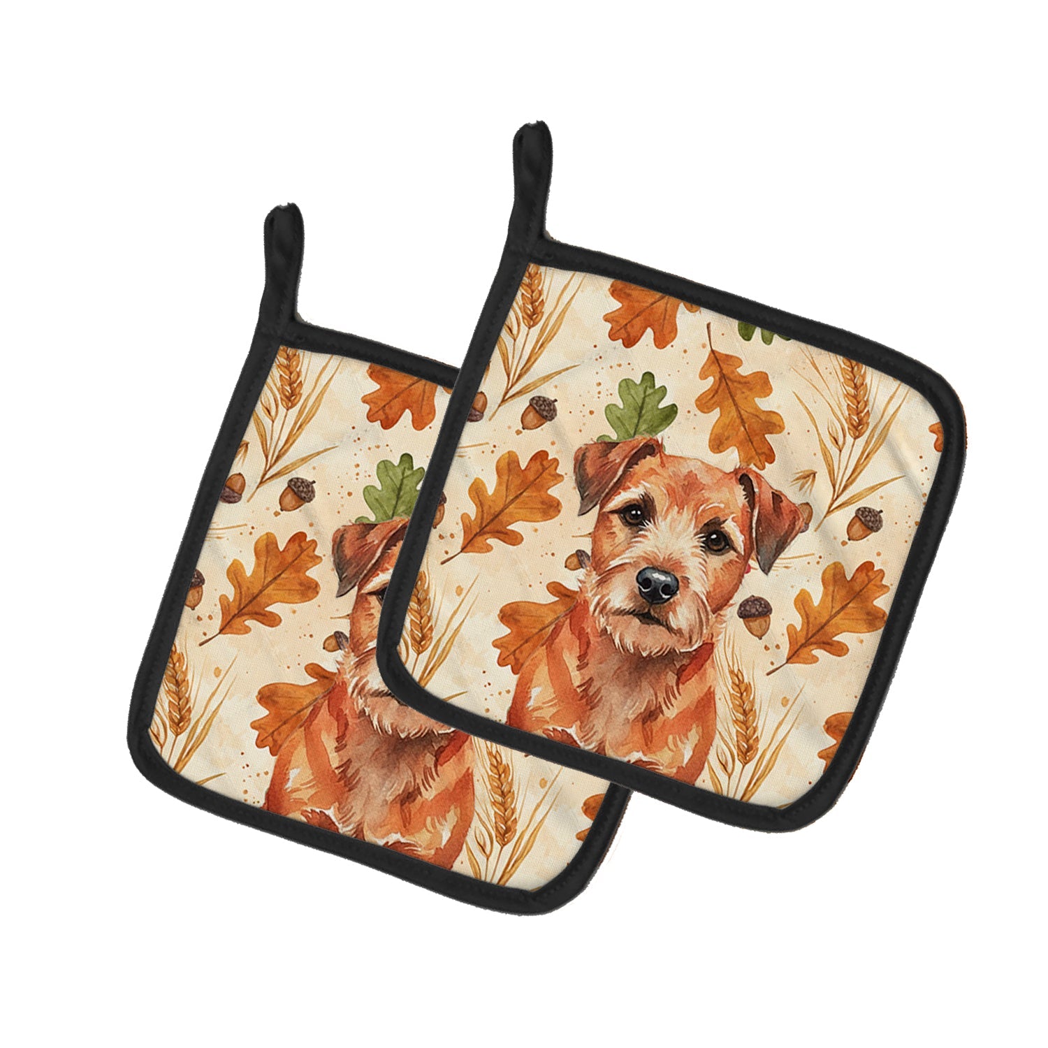 Red Border Terrier Heirloom Fall Pot Holder Set of 2 Heat Resistant Quilted Hot Pads 7.5 x 7.5 Inch, Insulated Kitchen Trivets for Cooking & Baking