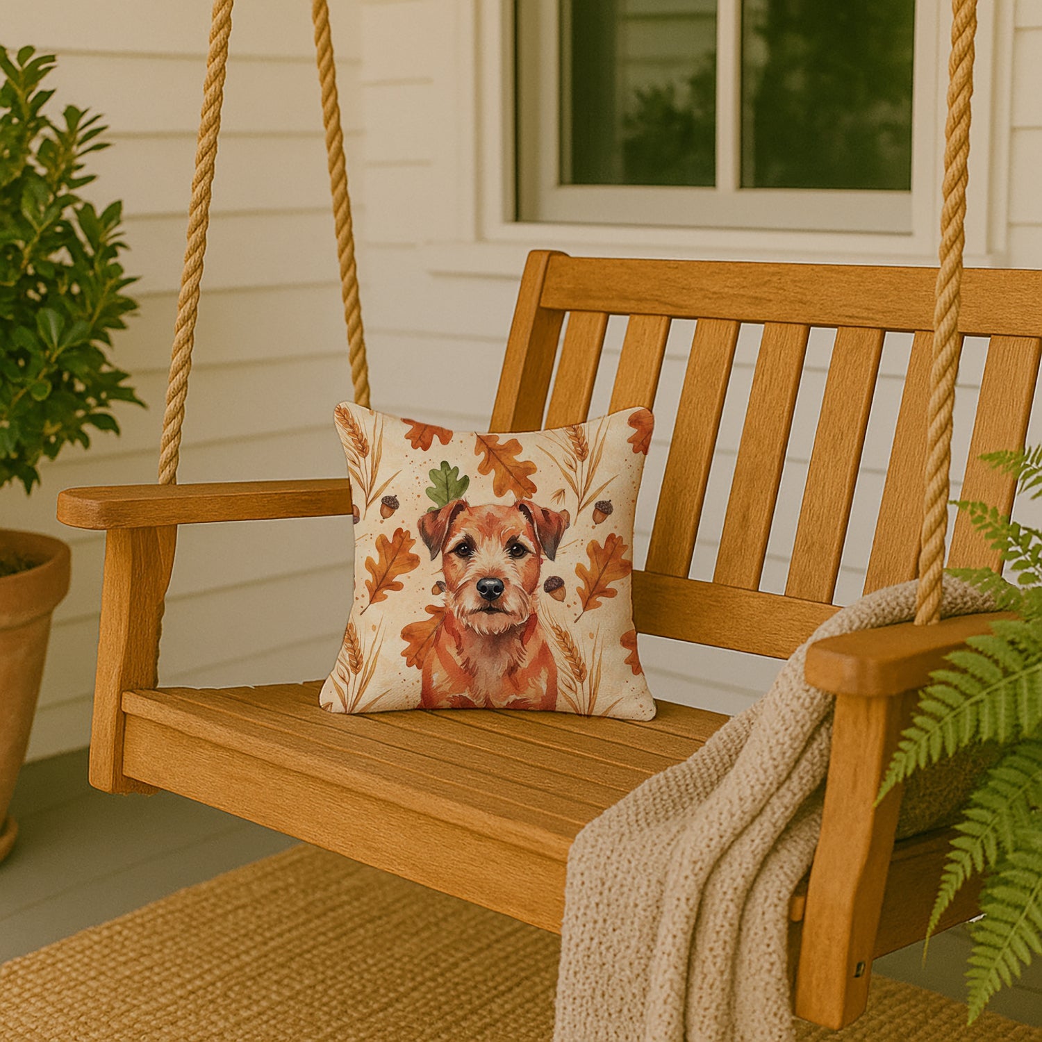 Red Border Terrier Heirloom Fall Decorative Throw Pillow 14x14 Indoor Outdoor Accent Cushion, Fabric Cover with Insert for Sofa, Bed, Porch & Living Room