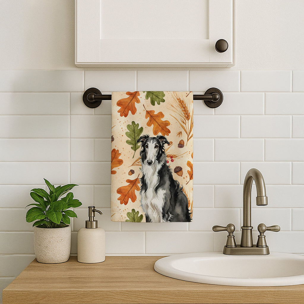 Black and White Borzoi Heirloom Fall Kitchen Towel Velour Plush Front and Cotton Loop Back Machine Washable