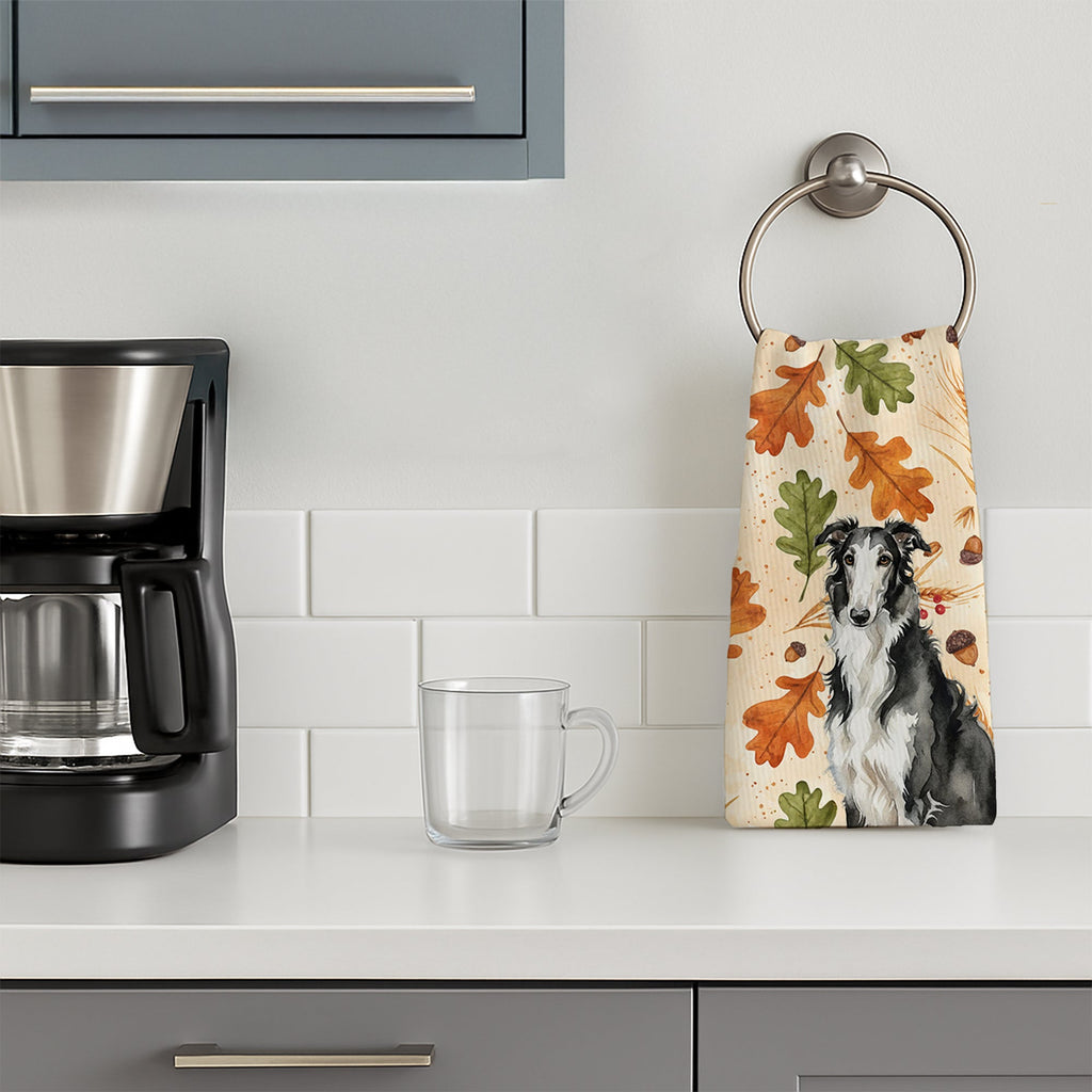 Black and White Borzoi Heirloom Fall Kitchen Towel Velour Plush Front and Cotton Loop Back Machine Washable
