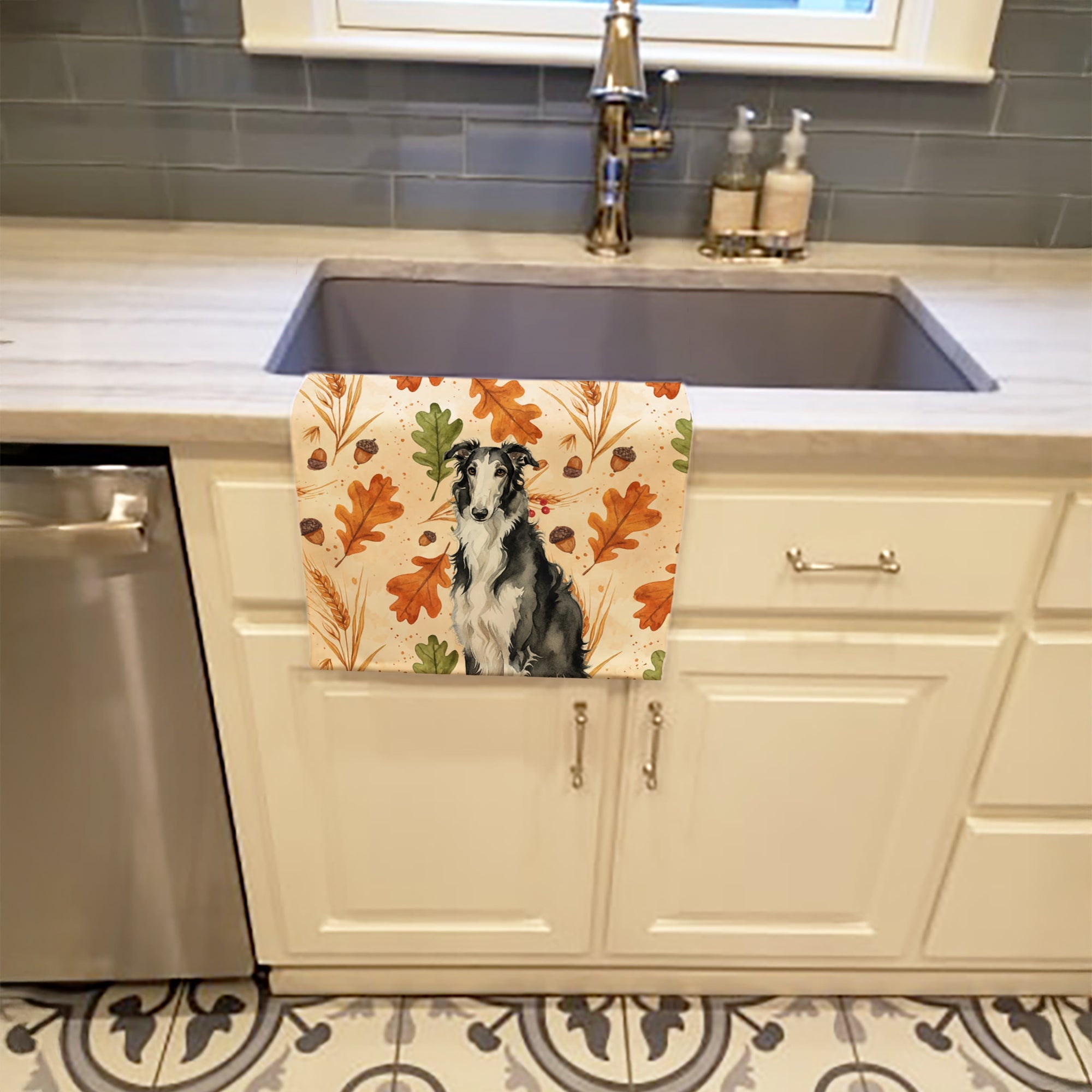 Black and White Borzoi Heirloom Fall Kitchen Towel Velour Plush Front and Cotton Loop Back Machine Washable