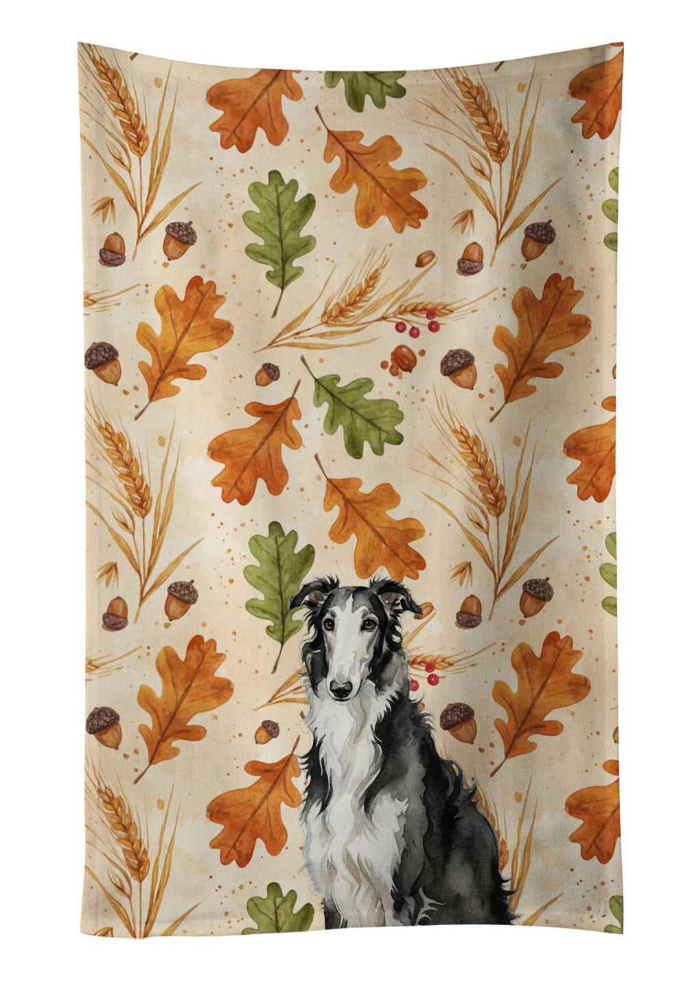 Black and White Borzoi Heirloom Fall Kitchen Towel Velour Plush Front and Cotton Loop Back Machine Washable