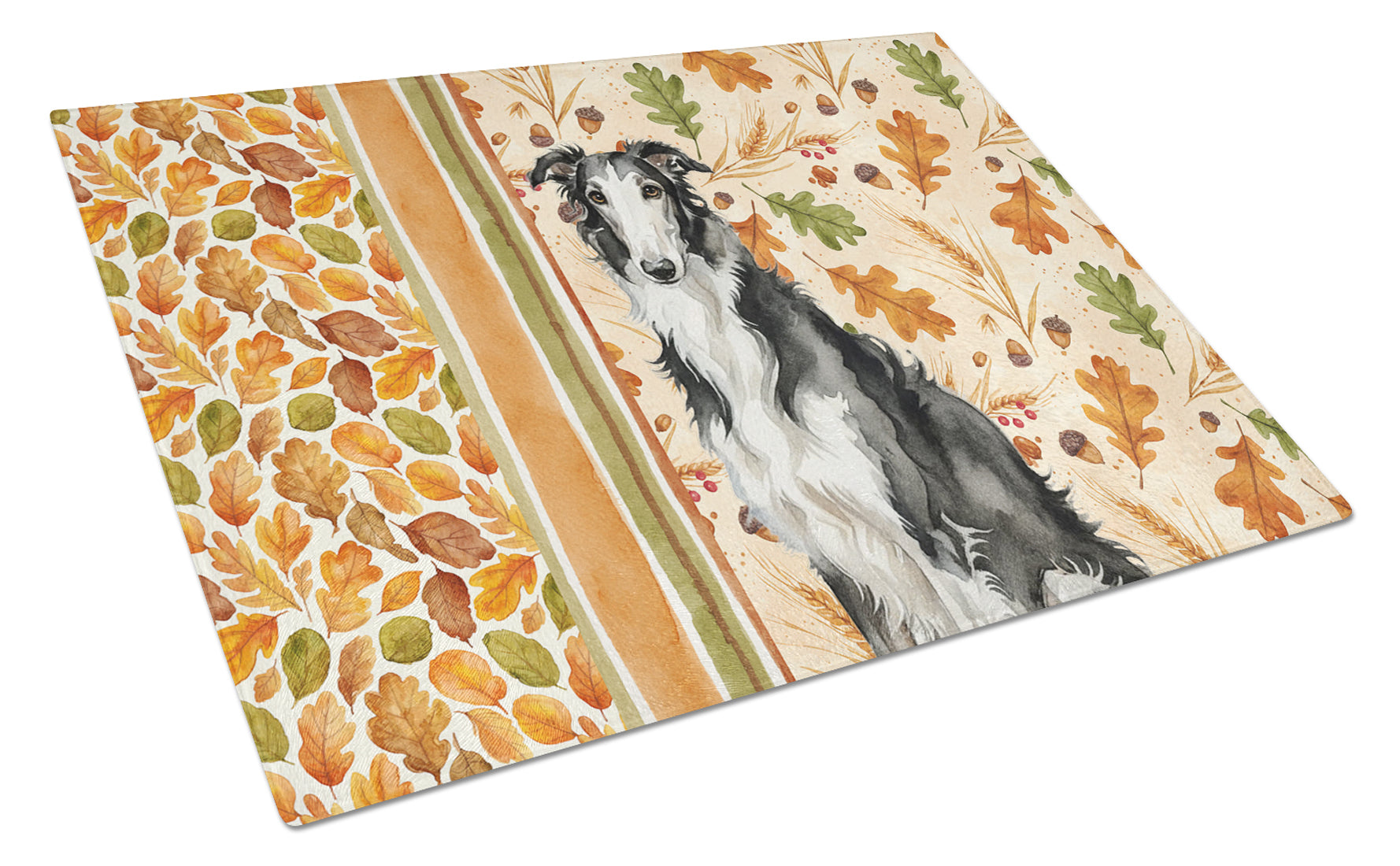Black and White Borzoi Heirloom Fall Cutting Board Tempered Glass Kitchen Cutting Surface, Heat Resistant Chopping, Non-Slip Feet, Food Prep & Serving