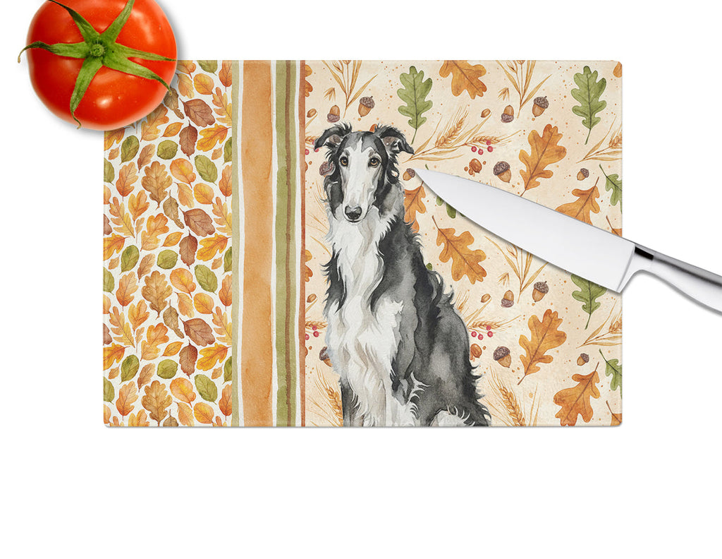 Black and White Borzoi Heirloom Fall Cutting Board Tempered Glass Kitchen Cutting Surface, Heat Resistant Chopping, Non-Slip Feet, Food Prep & Serving