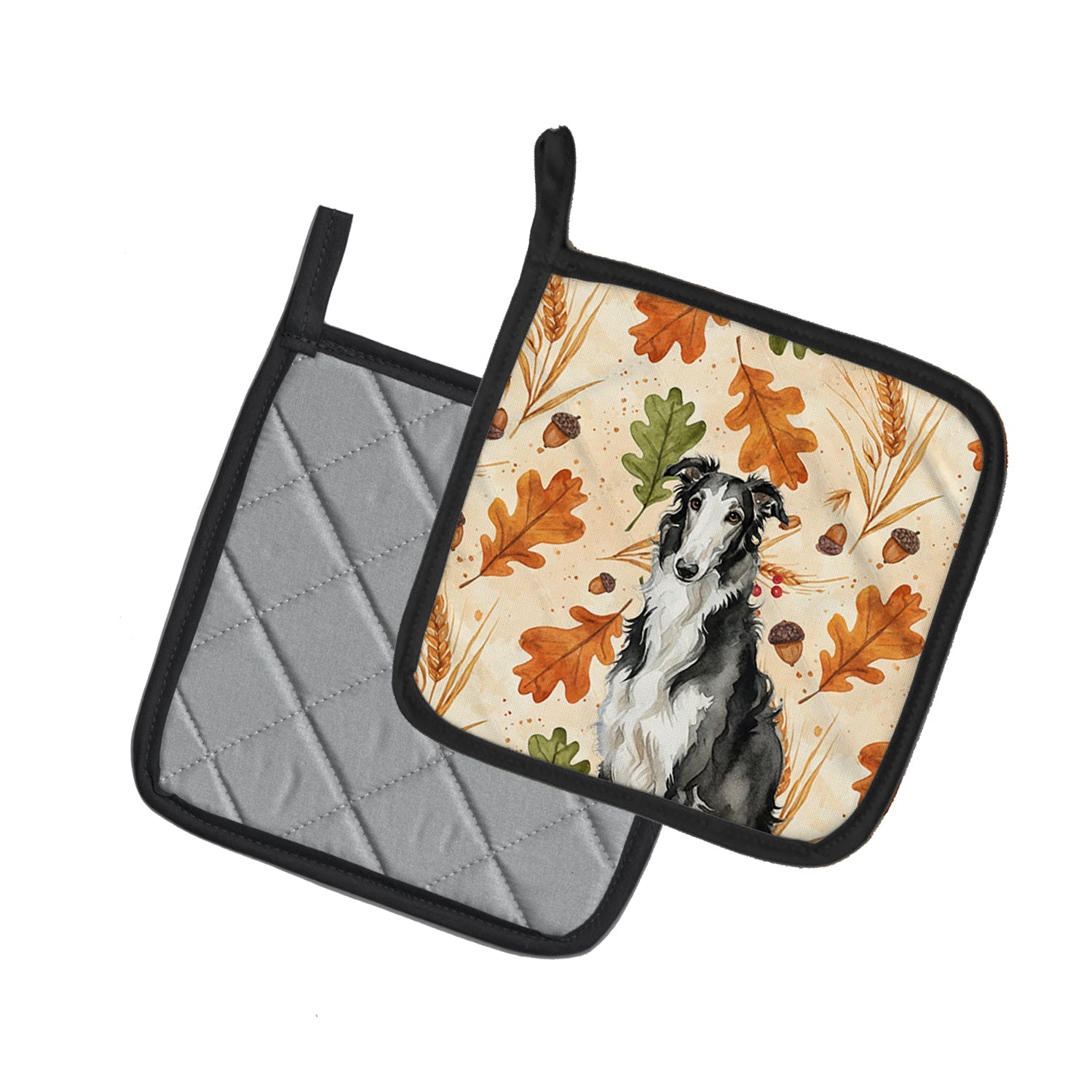 Black and White Borzoi Heirloom Fall Pot Holder Set of 2 Heat Resistant Quilted Hot Pads 7.5 x 7.5 Inch, Insulated Kitchen Trivets for Cooking & Baking