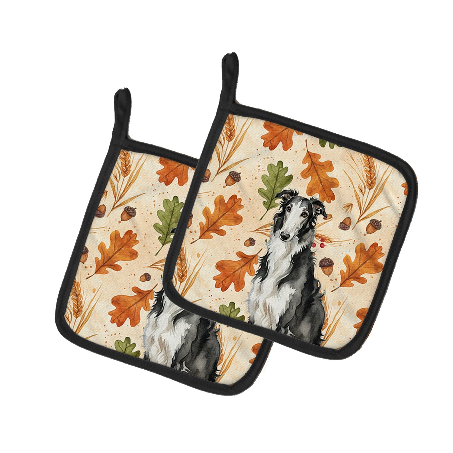 Black and White Borzoi Heirloom Fall Pot Holder Set of 2 Heat Resistant Quilted Hot Pads 7.5 x 7.5 Inch, Insulated Kitchen Trivets for Cooking & Baking