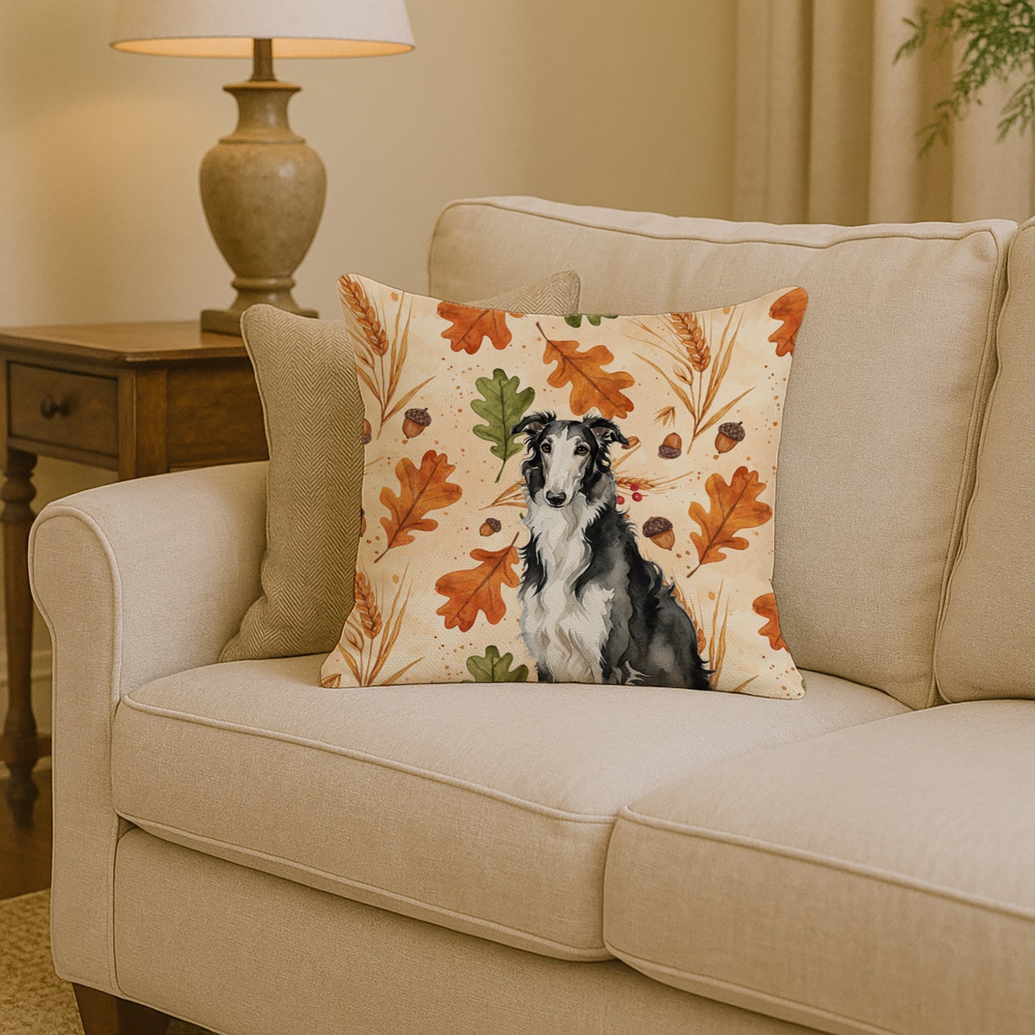 Black and White Borzoi Heirloom Fall Decorative Throw Pillow 14x14 Indoor Outdoor Accent Cushion, Fabric Cover with Insert for Sofa, Bed, Porch & Living Room