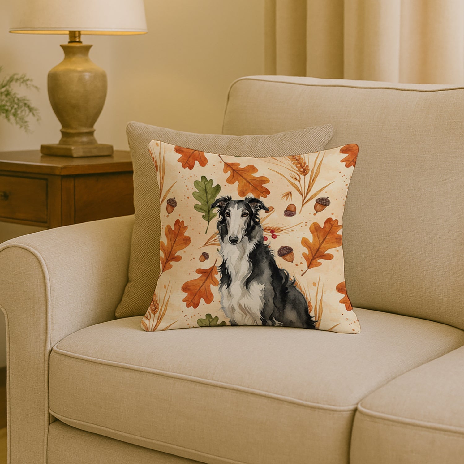 Black and White Borzoi Heirloom Fall Decorative Throw Pillow 18x18 Indoor Outdoor Accent Cushion, Fabric Cover with Insert for Sofa, Bed, Porch & Living Room